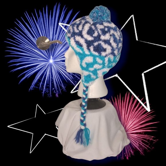 Girls Multi Blues & White Lined Beanie Hat with Braided Ties and Pompom - Picture 8 of 8